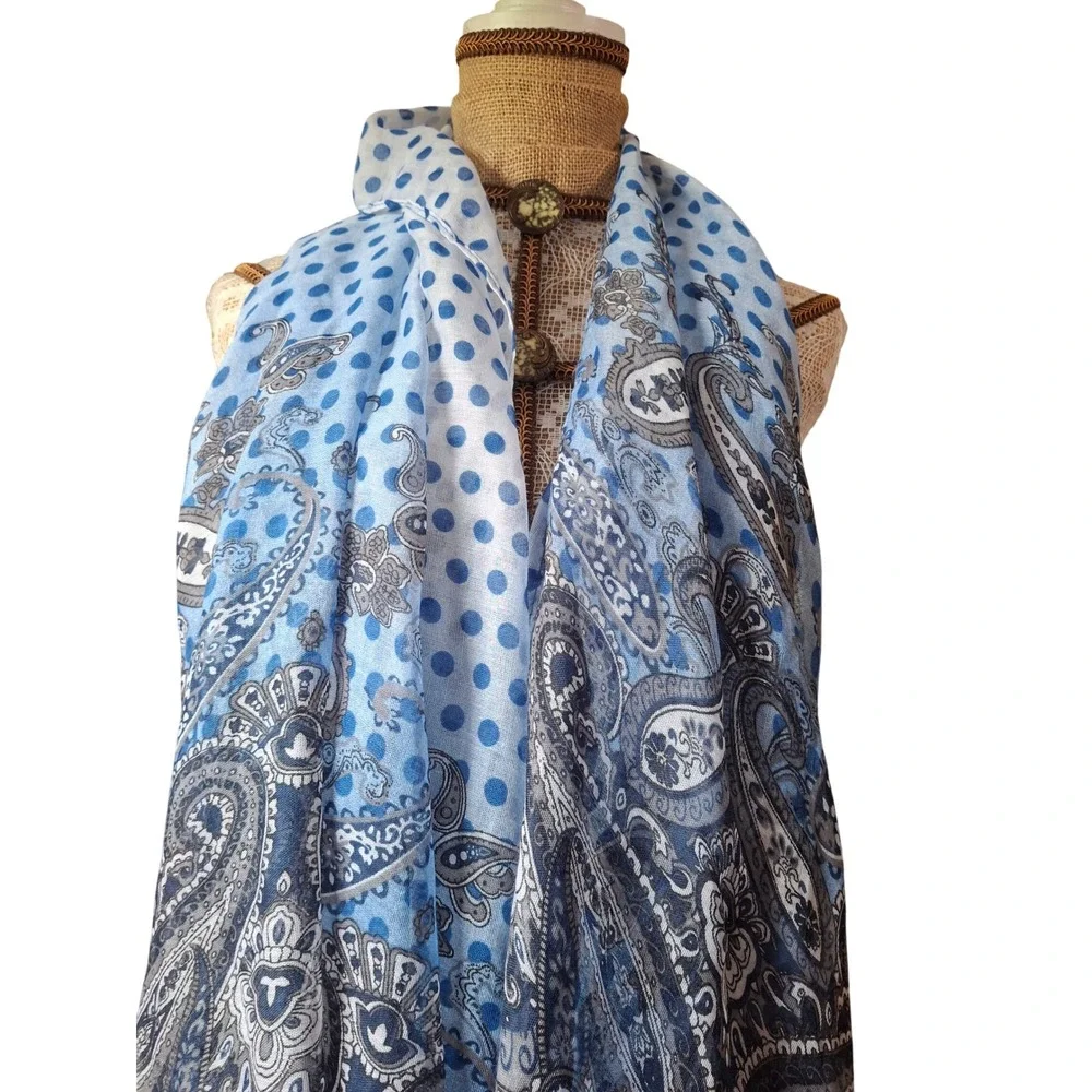 Blue Paisley Polka Dot Lightweight Scarf Shawl Wrap for Women